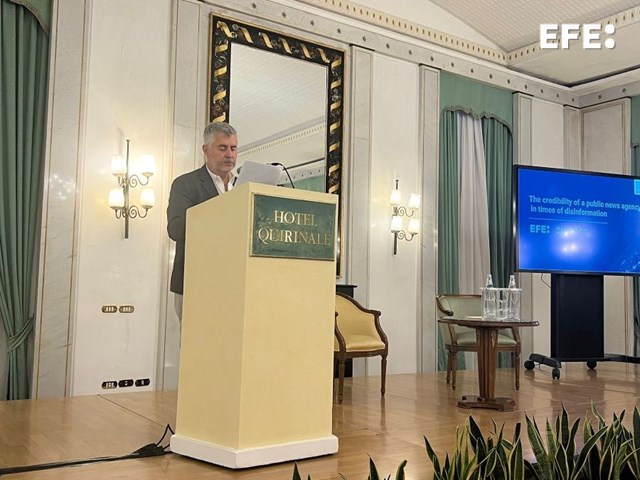 Roma (Italia), 10/10/2025.- El presidente de EFE, Miguel Ángel Oliver, durante su intervención en la 39 Conferencia Internacional Minds (Media Innovation Network). EFE/ Sara Bhagchandani